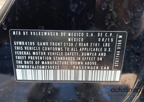 2016 Volkswagen Jetta 1.4T Se из США, поврежденный, VIN 3VWD67AJ2GM235522